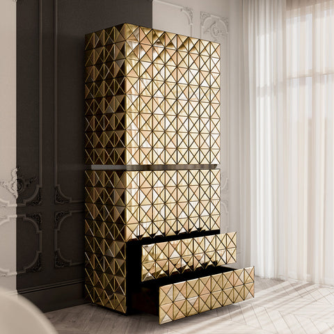Walnut Brass Hidden Storage Display Cabinet