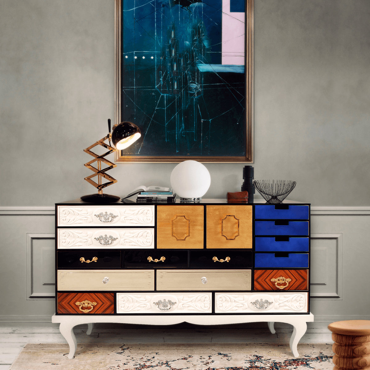 Patchwork Wood Sideboard Buffet Cabinet with Hidden Storage