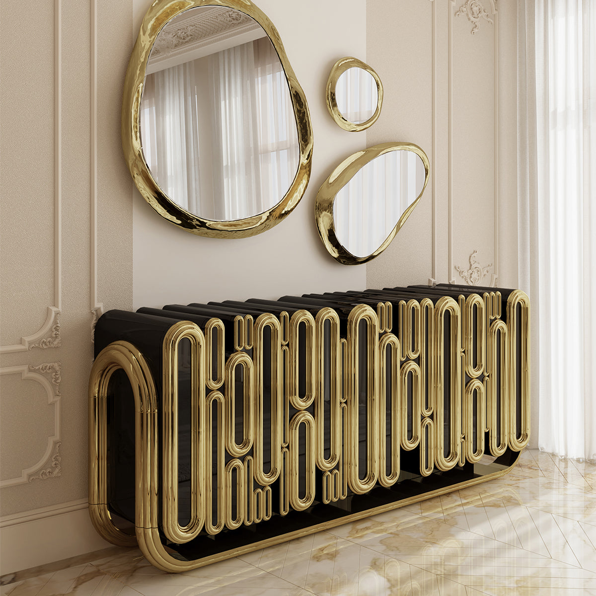 Gold Hidden Storage Sculptural Form Sideboard