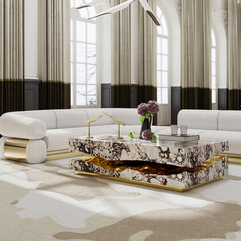 Brass Stone White Sculptural Form Coffee Table