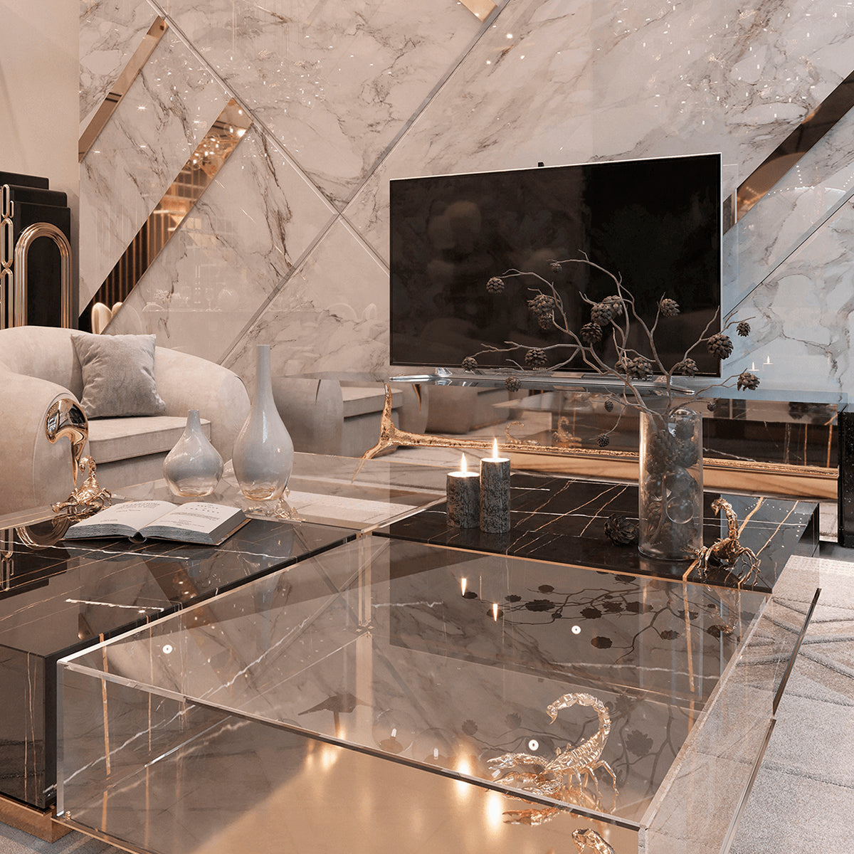 Brass Glass Gold Sculptural Form Coffee Table Brass Accents