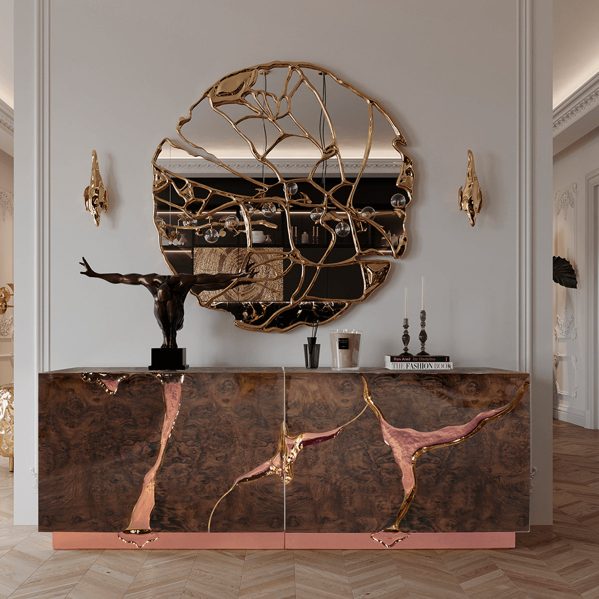 Black Gold Sideboard Cabinet with Sculptural Cracked Design