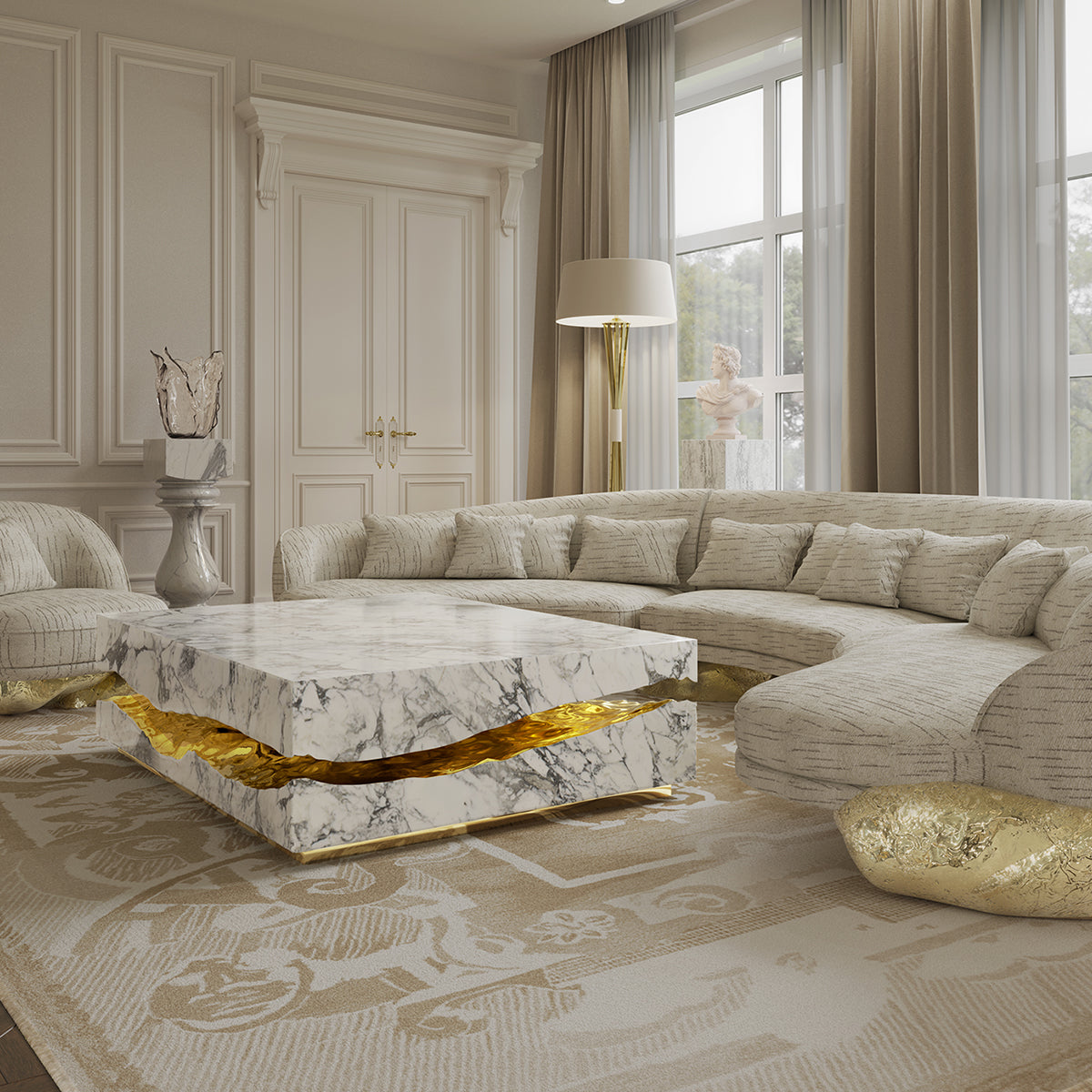 Brass Stone White Sculptural Form Coffee Table