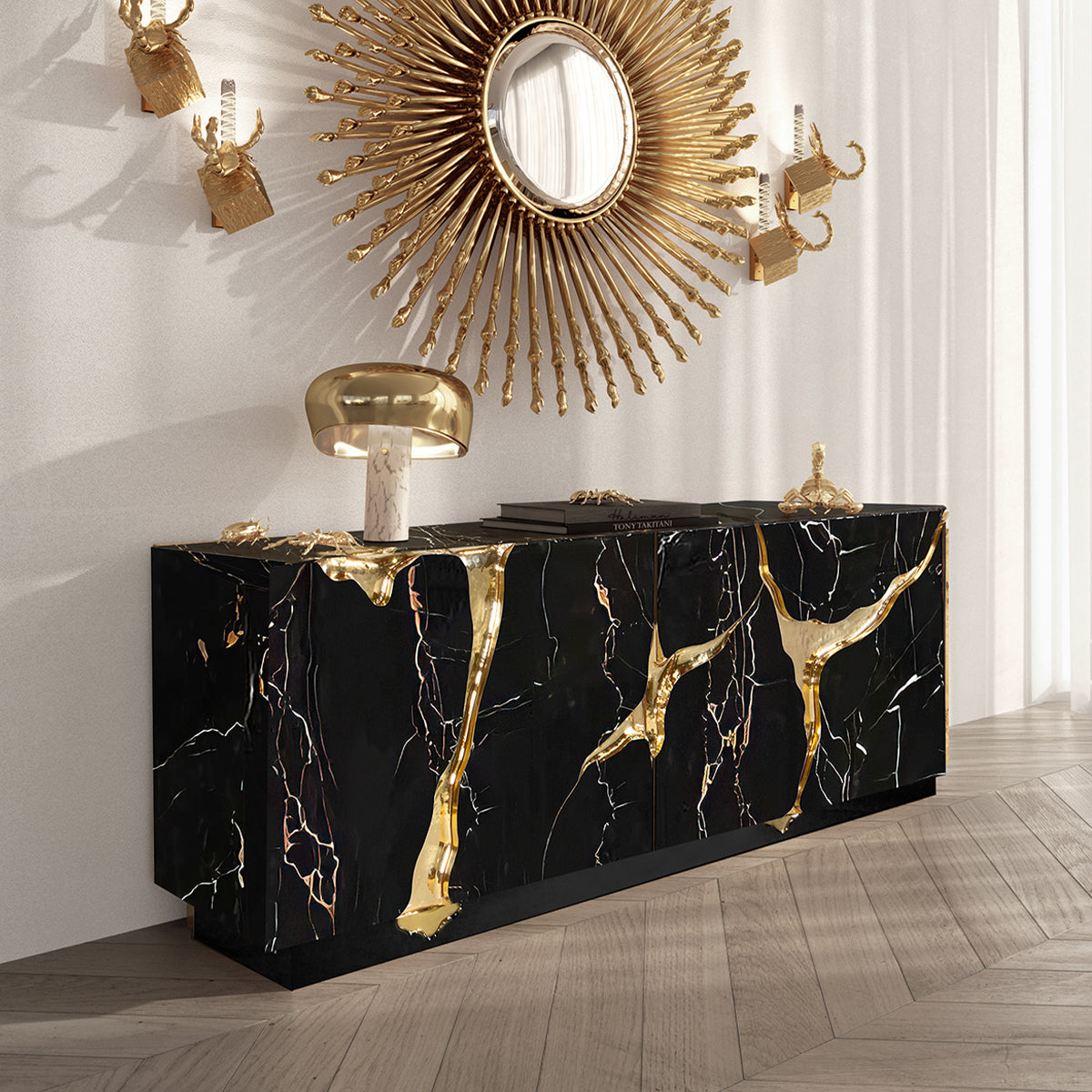 Black Gold Sideboard Cabinet with Sculptural Cracked Design