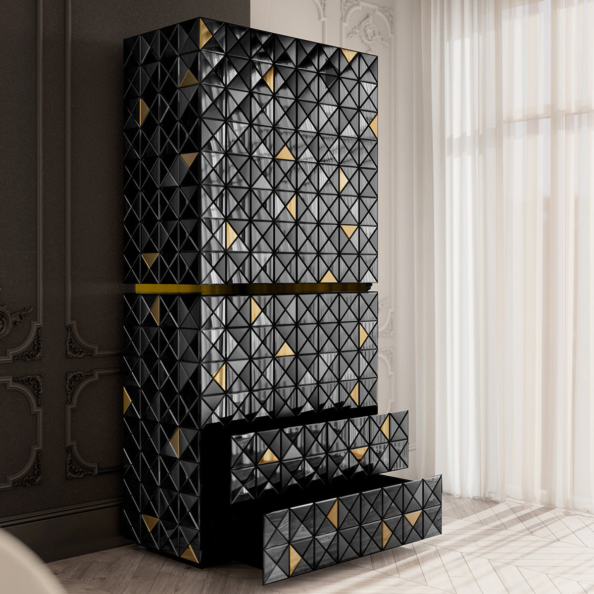 Walnut Brass Hidden Storage Display Cabinet