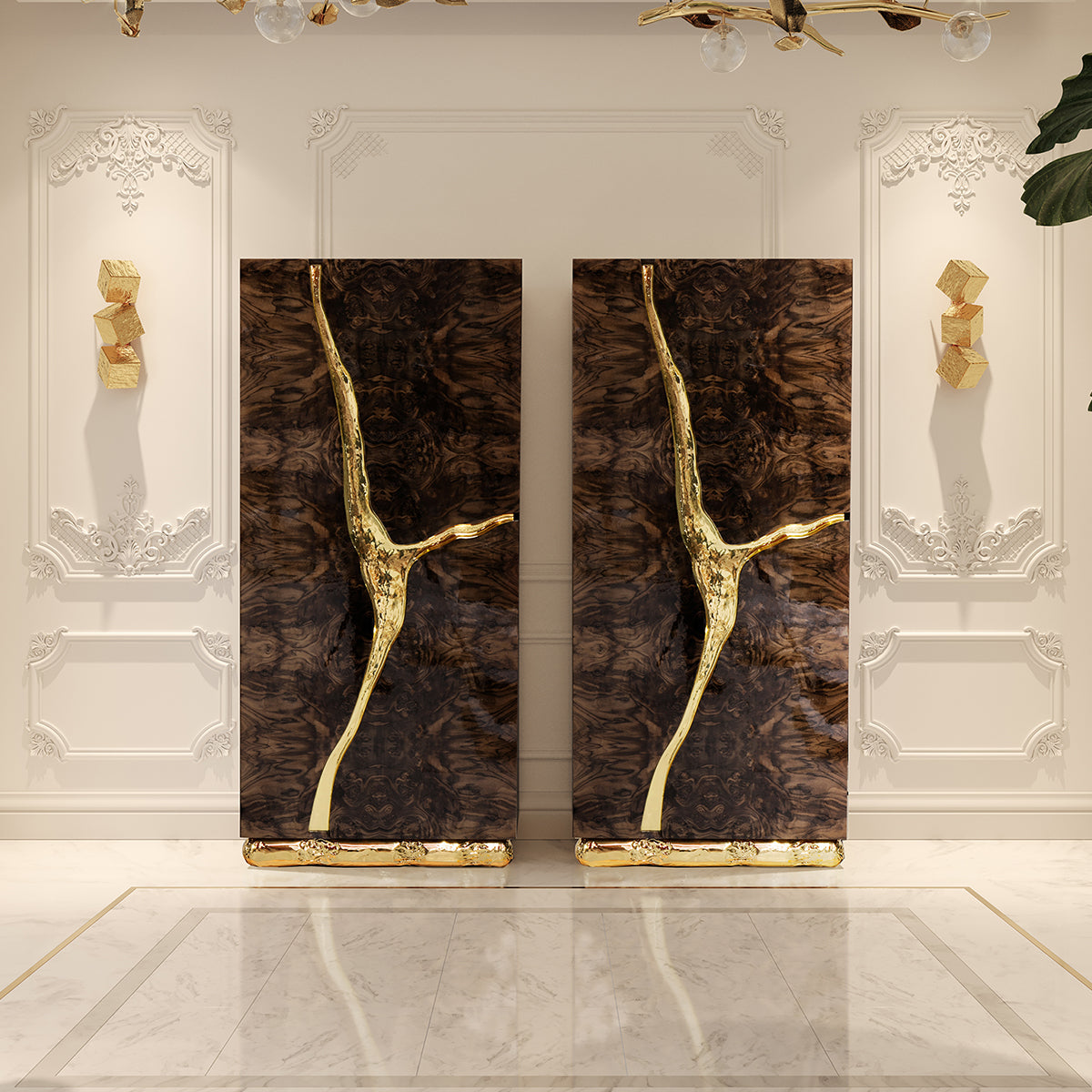 Walnut Brass Hidden Storage Display Cabinet Brass Accents