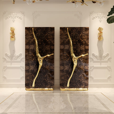 Walnut Brass Hidden Storage Display Cabinet Brass Accents