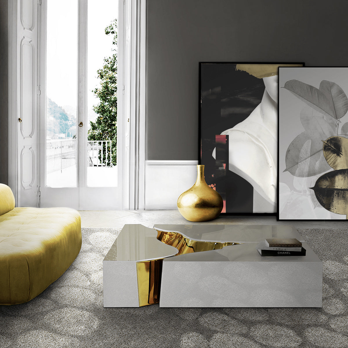 Brass Glass Sculptural Form Coffee Table Living Room