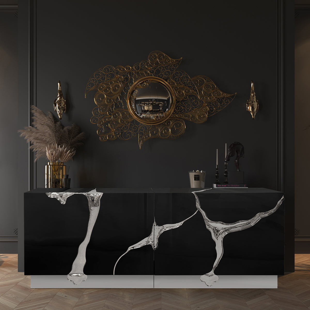 Black Gold Sideboard Cabinet with Sculptural Cracked Design