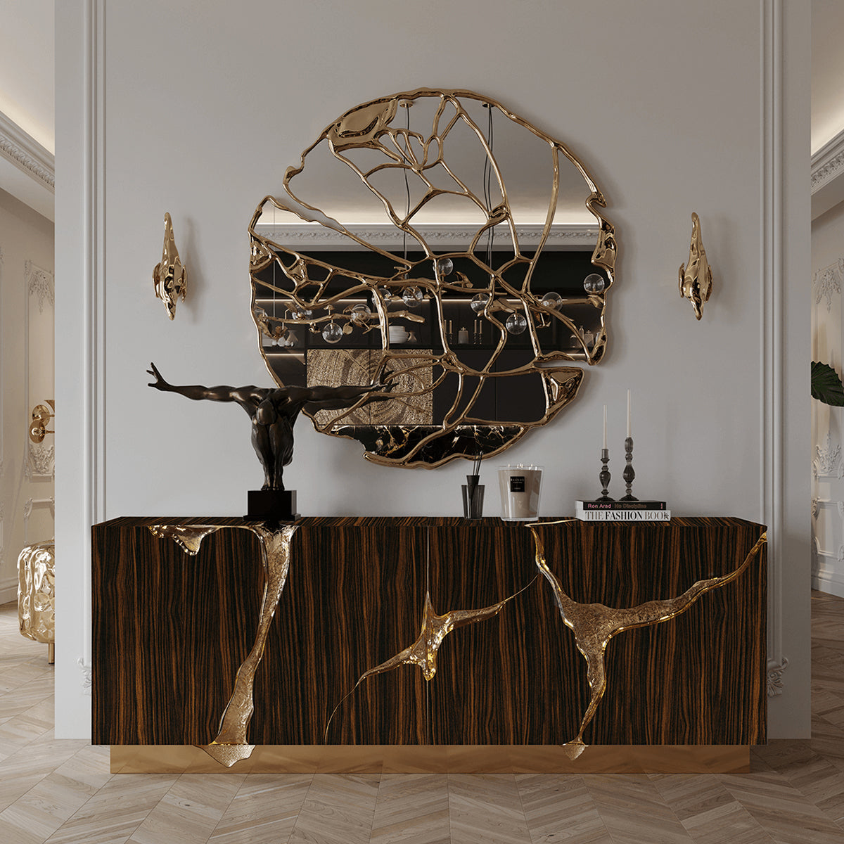 Black Gold Sideboard Cabinet with Sculptural Cracked Design