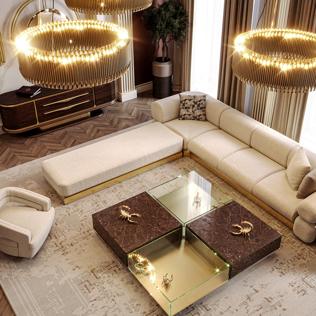 Brass Glass Gold Sculptural Form Coffee Table Brass Accents