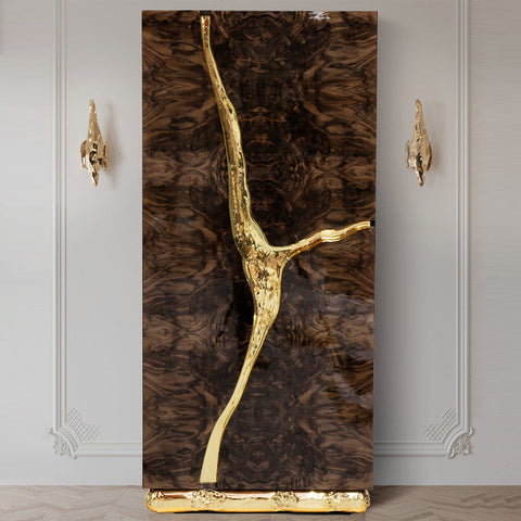 Walnut Brass Hidden Storage Display Cabinet Brass Accents
