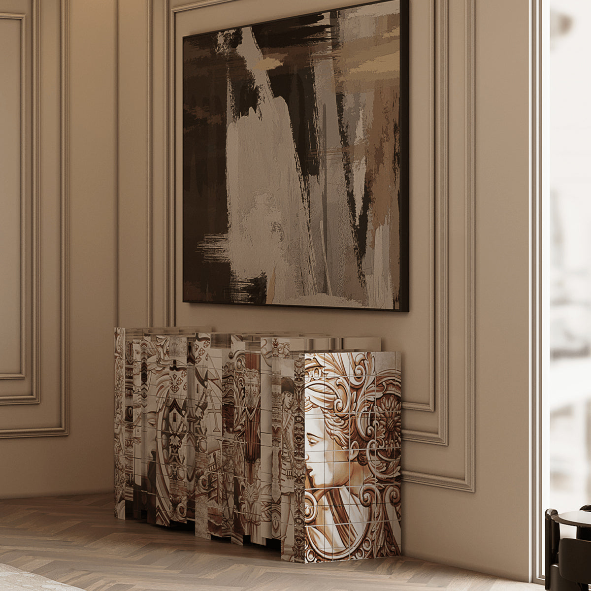 Hand-Painted Tile Sideboard Cabinet