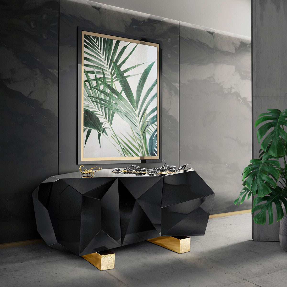 Black Faceted Sideboard Buffet Cabinet with Hidden Storage