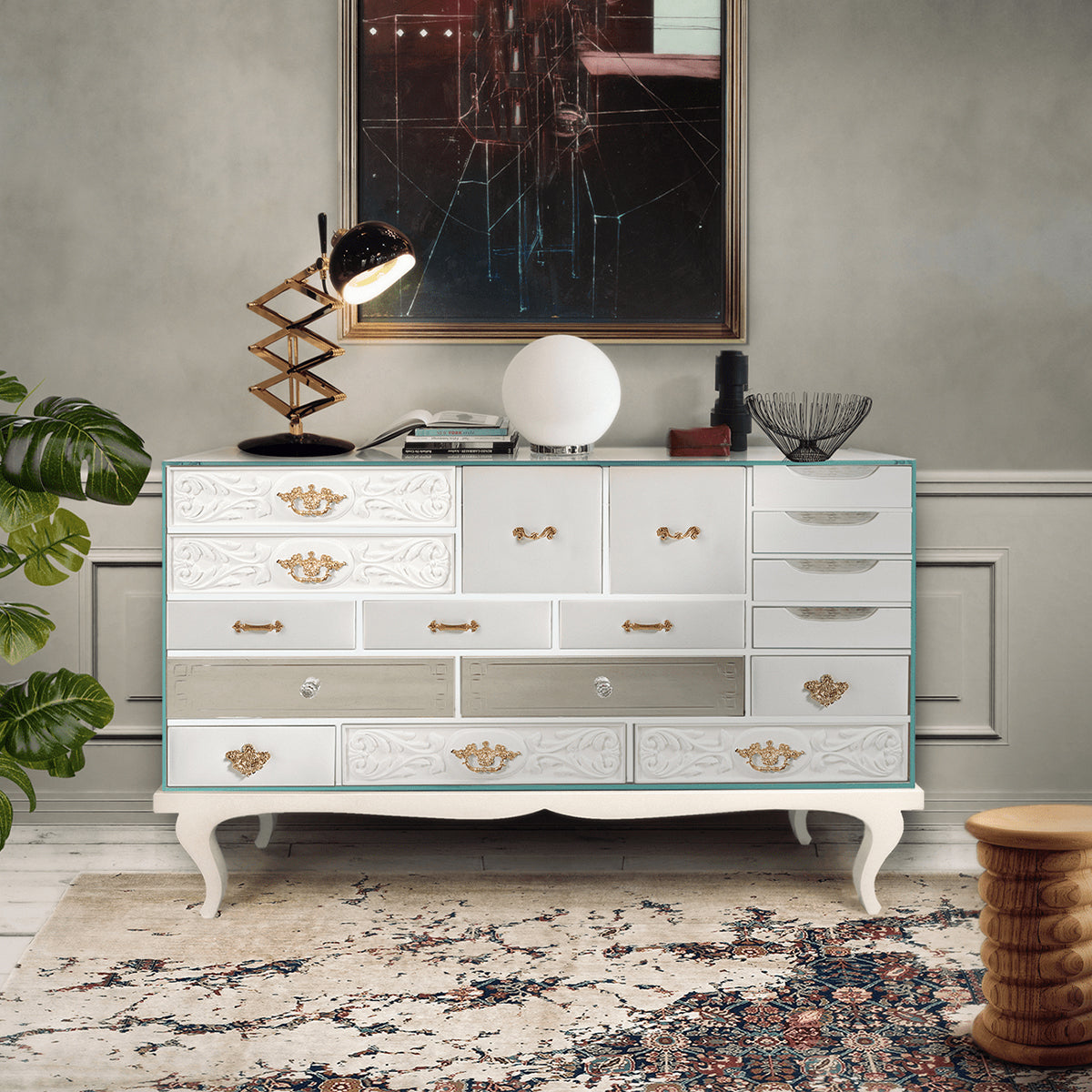 Patchwork Wood Sideboard Buffet Cabinet with Hidden Storage
