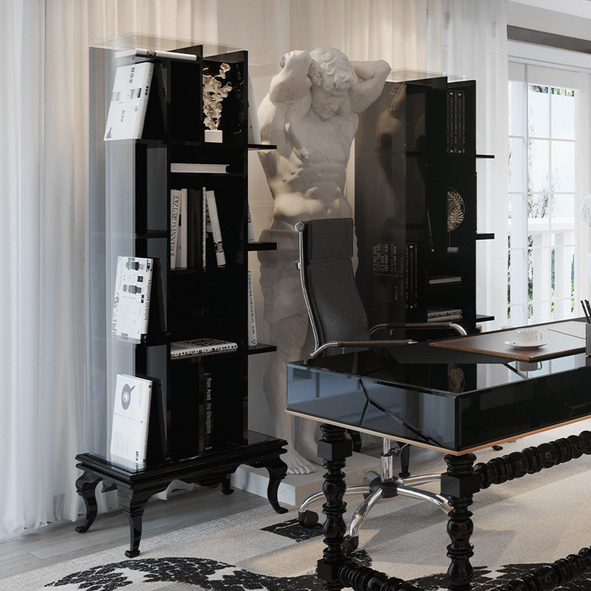 Tall Bookcase with Smoked Glass Shelves and Modern Display