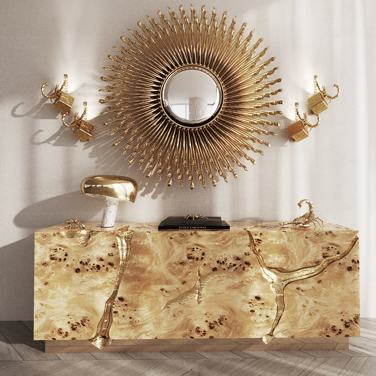 Black Gold Sideboard Cabinet with Sculptural Cracked Design
