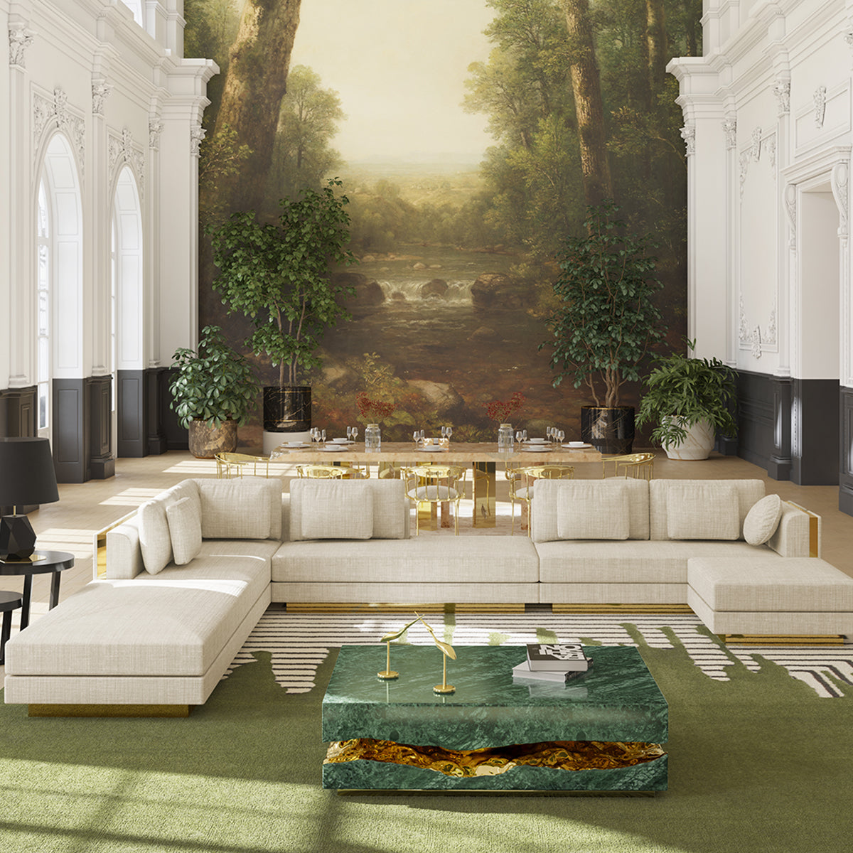 Brass Stone White Sculptural Form Coffee Table