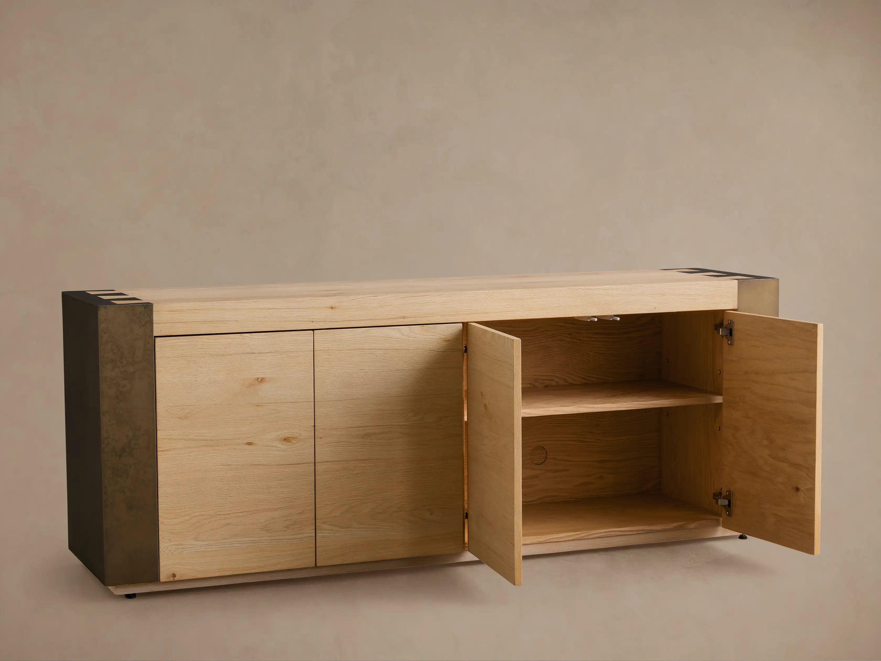 Telluride Media Console Oak with Oxidized Steel Rustic Living Furniture