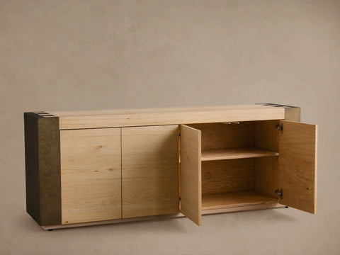 Telluride Media Console Oak with Oxidized Steel Rustic Living Furniture