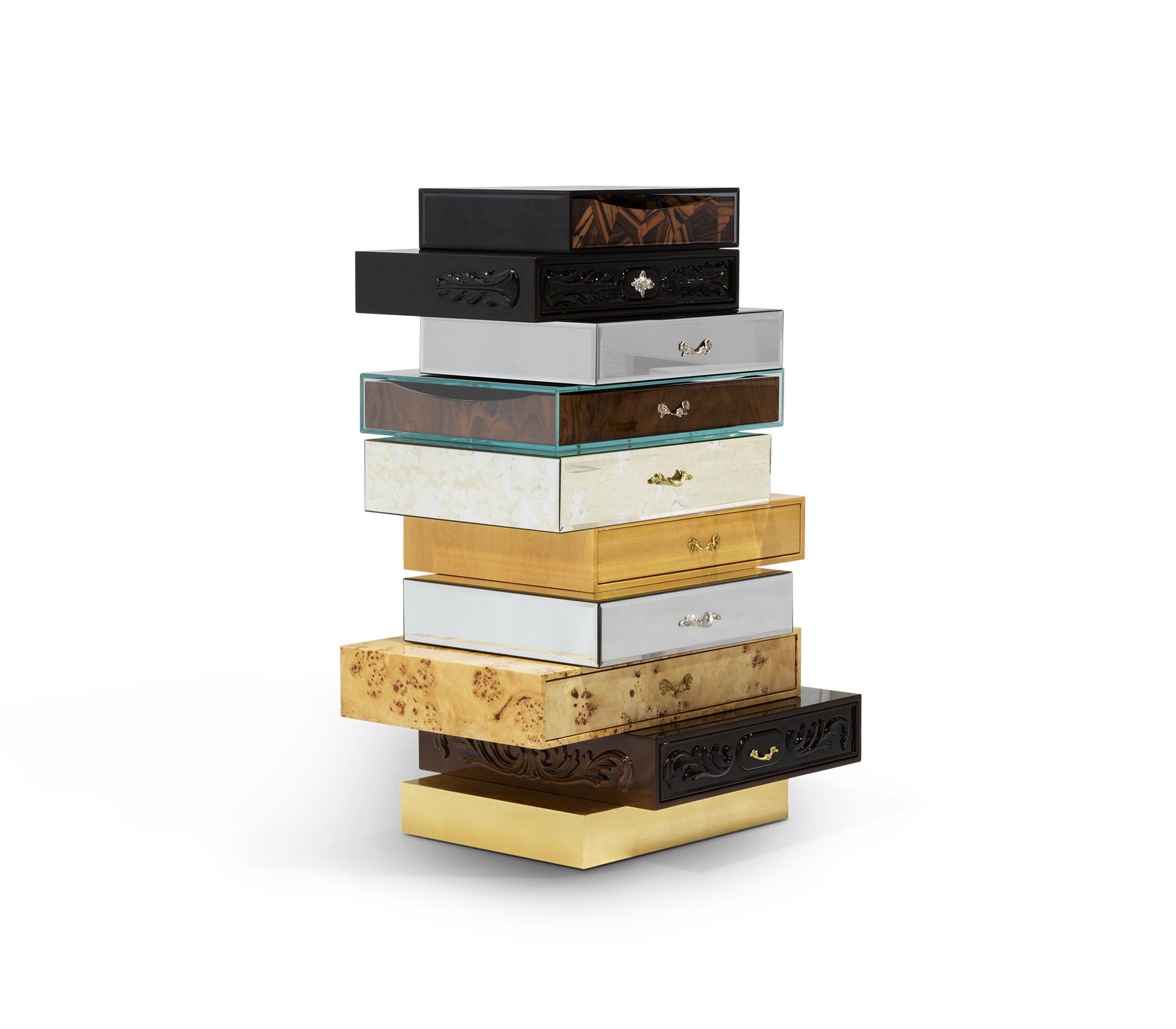 Walnut Brass Storage Drawers Chest of Drawers