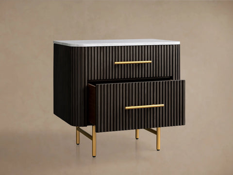 Finnley Closed Nightstand Oak Wood with Marble Top Luxury Bedside Table