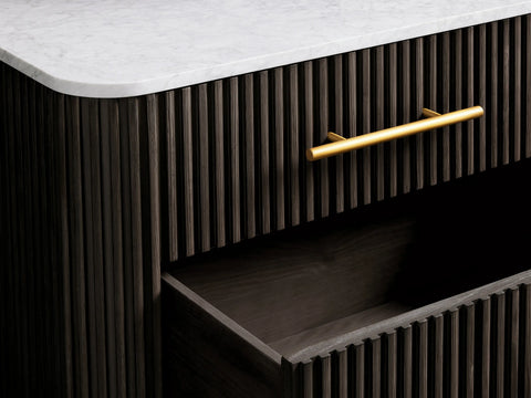 Finnley Closed Nightstand Oak Wood with Marble Top Luxury Bedside Table