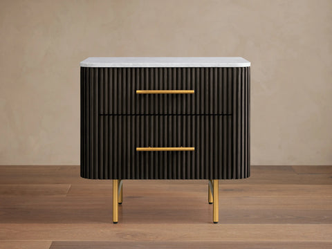 Finnley Closed Nightstand Oak Wood with Marble Top Luxury Bedside Table