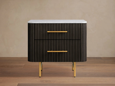 Finnley Closed Nightstand Oak Wood with Marble Top Luxury Bedside Table