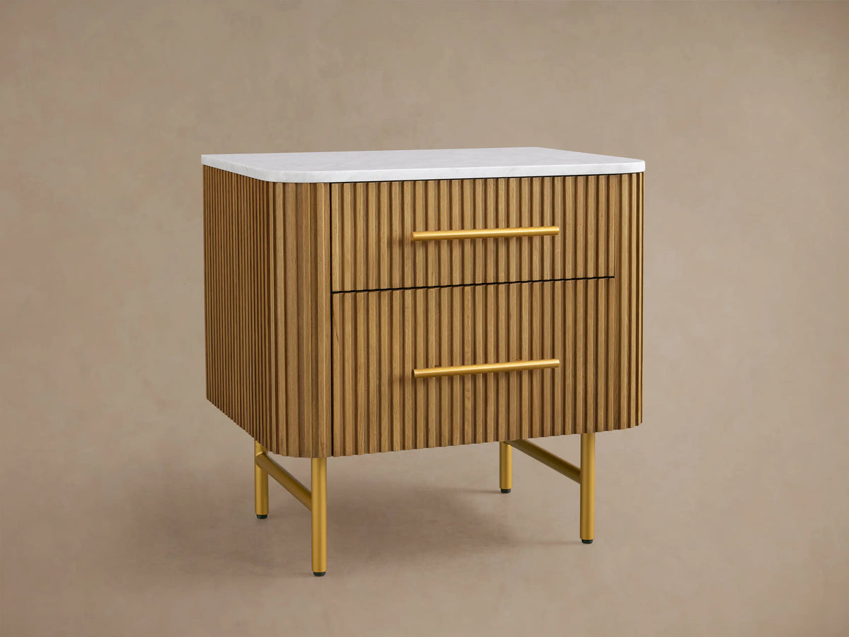 Finnley Closed Nightstand Oak Wood with Marble Top Luxury Bedside Table