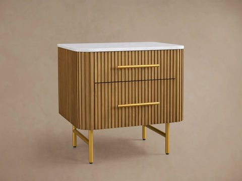 Finnley Closed Nightstand Oak Wood with Marble Top Luxury Bedside Table
