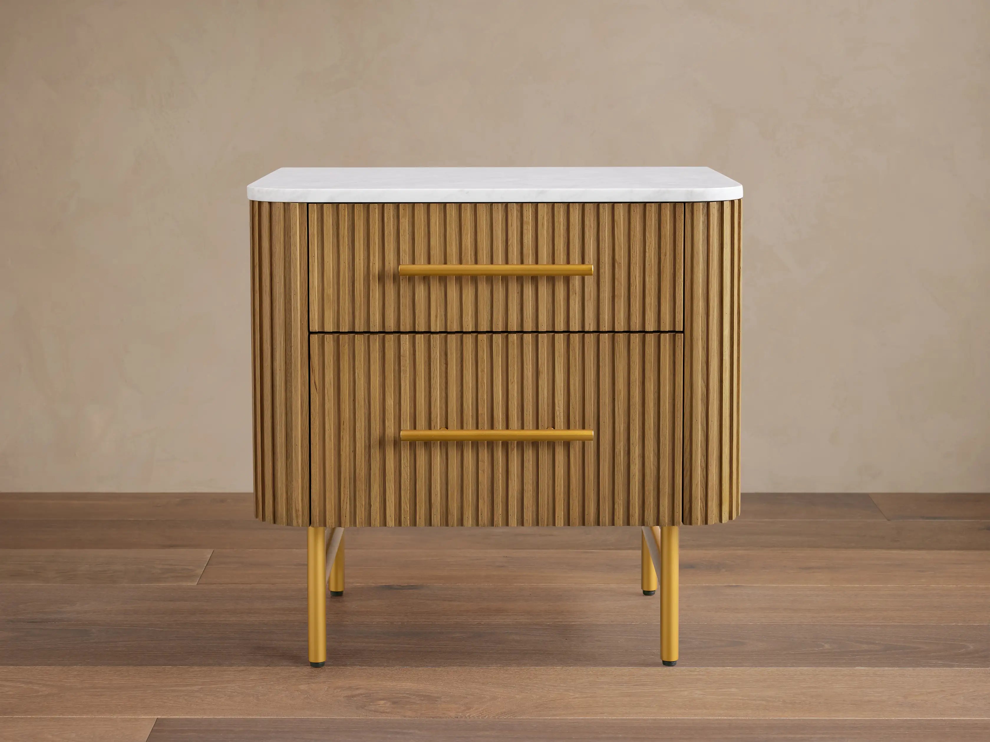 Finnley Closed Nightstand Oak Wood with Marble Top Luxury Bedside Table