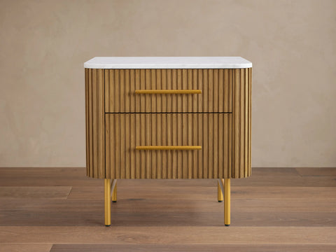 Finnley Closed Nightstand Oak Wood with Marble Top Luxury Bedside Table