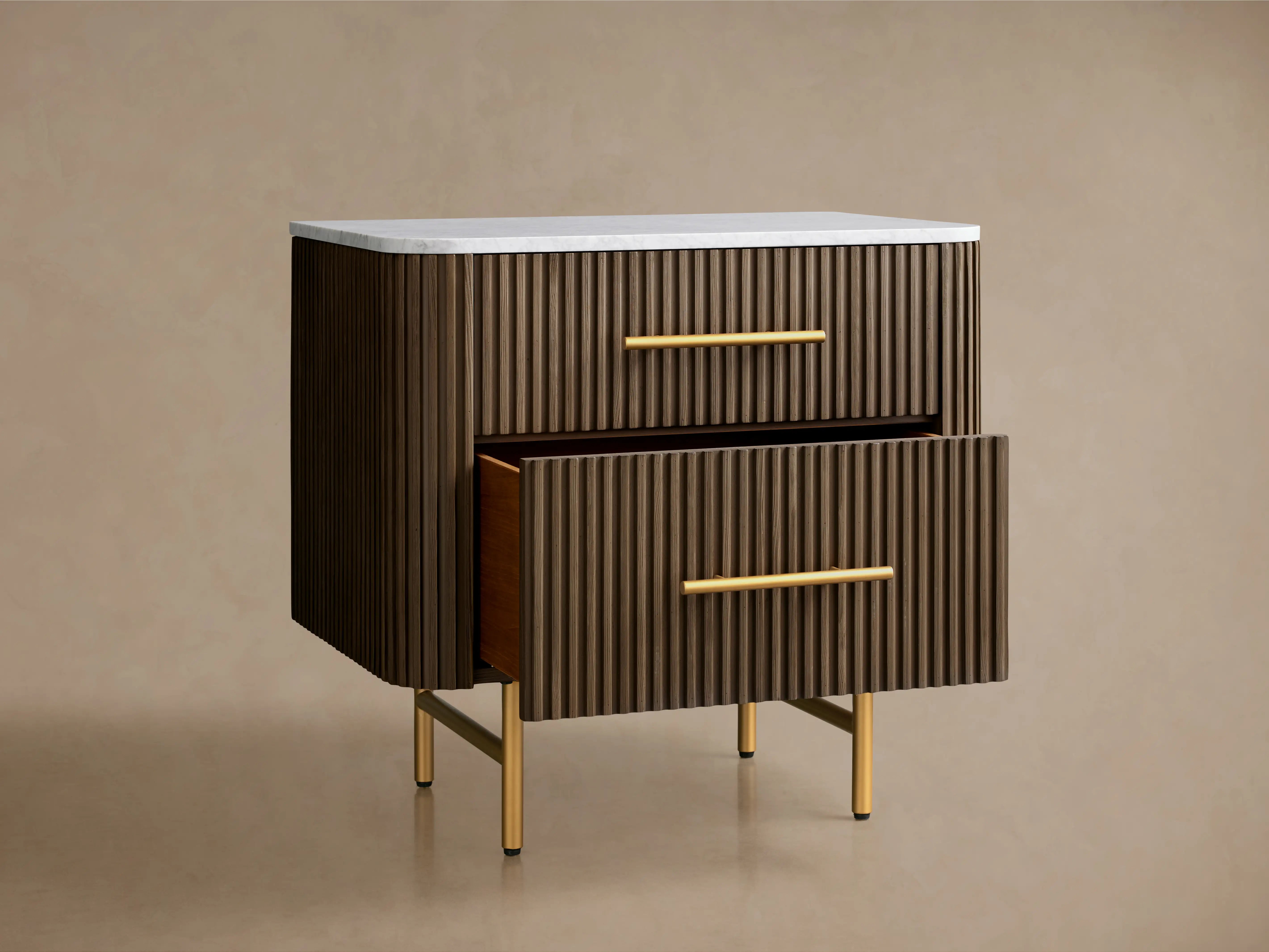 Finnley Closed Nightstand Oak Wood with Marble Top Luxury Bedside Table