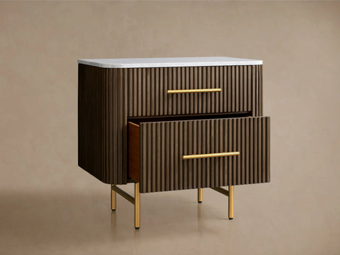 Finnley Closed Nightstand Oak Wood with Marble Top Luxury Bedside Table