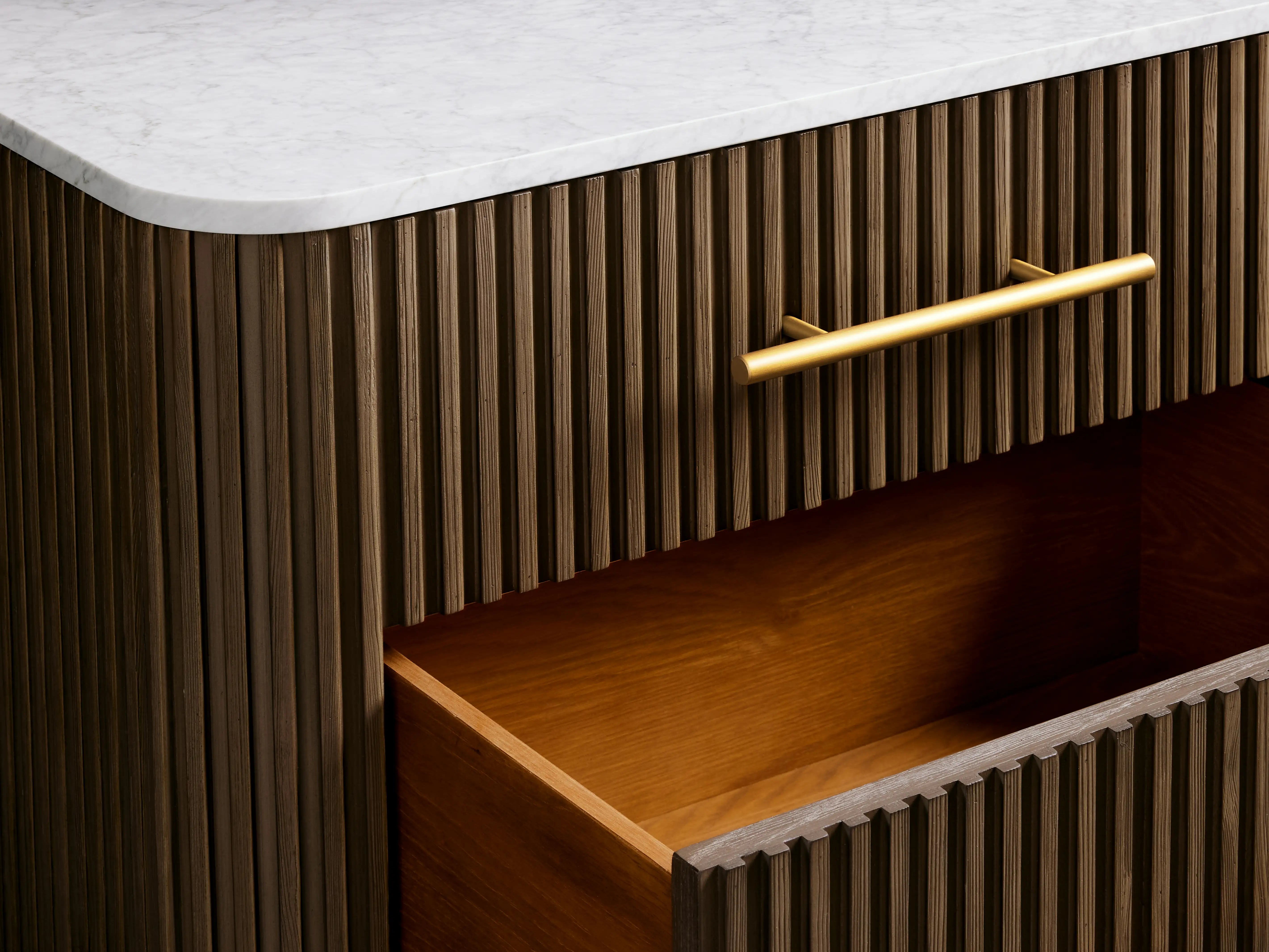 Finnley Closed Nightstand Oak Wood with Marble Top Luxury Bedside Table