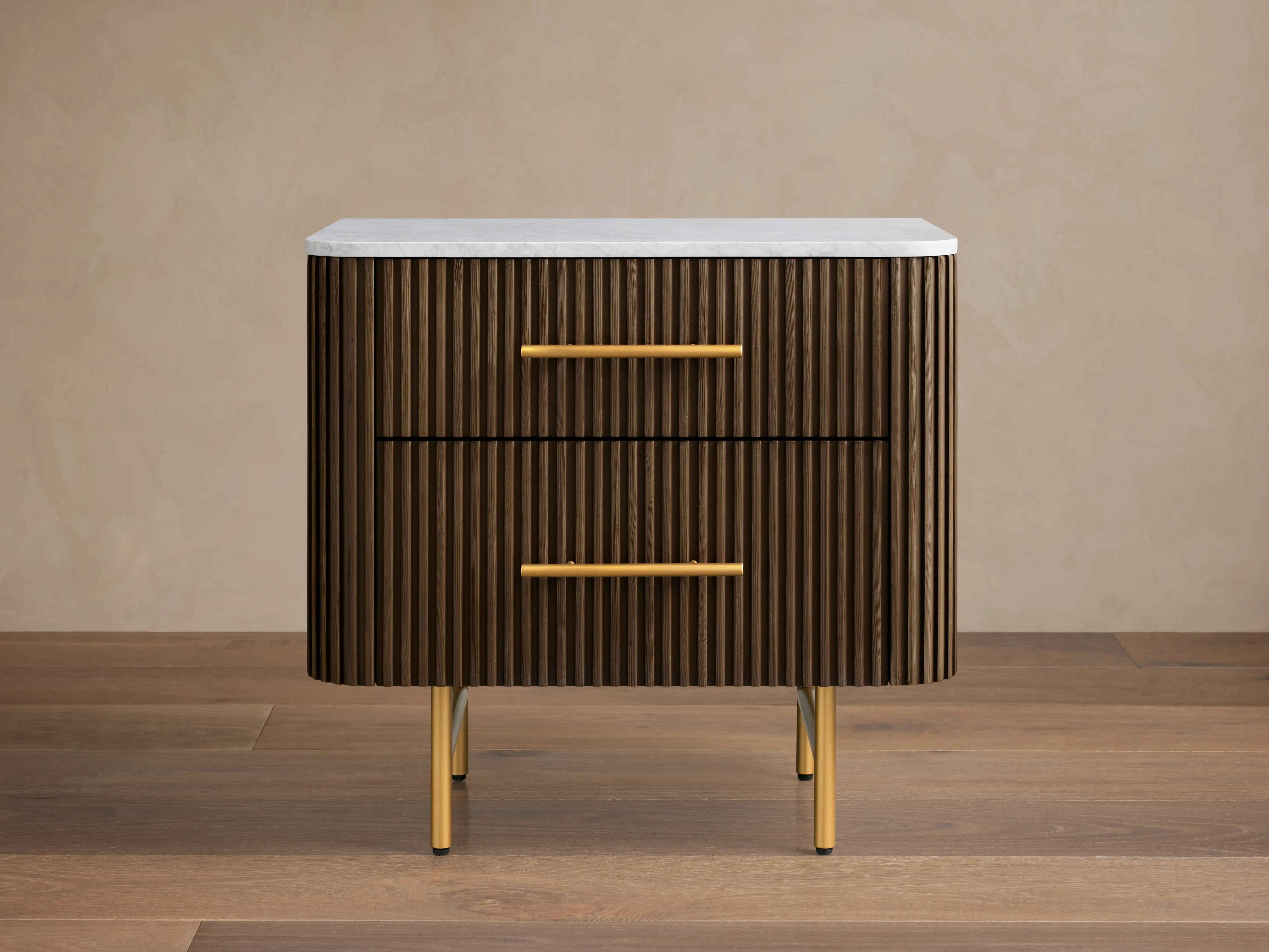 Finnley Closed Nightstand Oak Wood with Marble Top Luxury Bedside Table