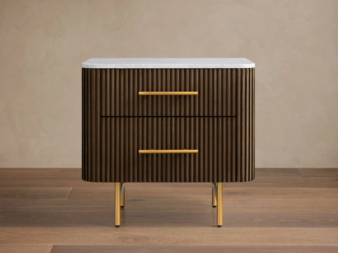 Finnley Closed Nightstand Oak Wood with Marble Top Luxury Bedside Table