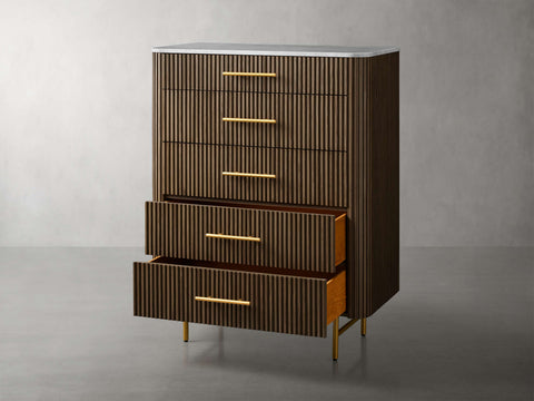 Finnley Wood Five-Drawer Dresser with Marble Top Drawer Chest Cabinet