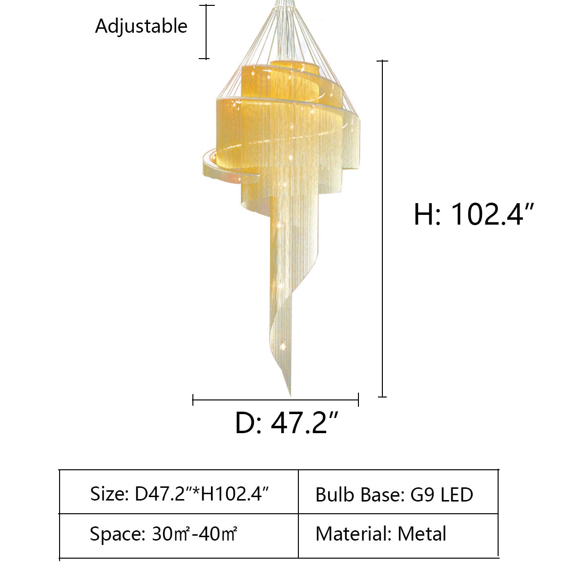 D47.2"*H102.4" chandelier,chandeliers,metal,iron,stainless steel,spiral,tassel,multier,layers,light fixture,two-story foyer,big,huge,oversize,large,stairs,staircase,chrome,gold,silver