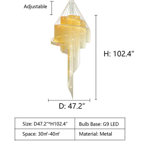 D47.2"*H102.4" chandelier,chandeliers,metal,iron,stainless steel,spiral,tassel,multier,layers,light fixture,two-story foyer,big,huge,oversize,large,stairs,staircase,chrome,gold,silver