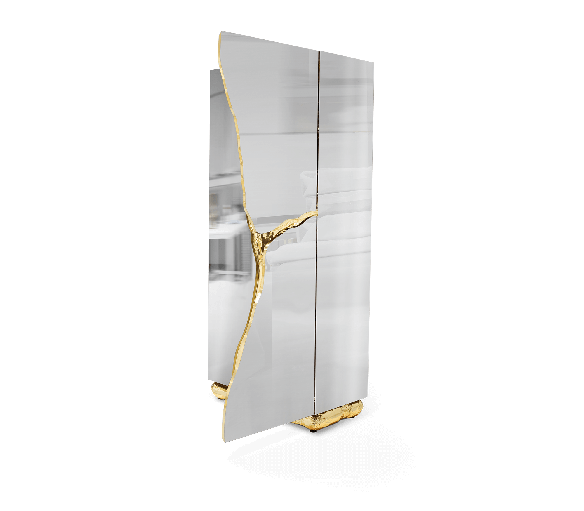 Walnut Brass Hidden Storage Display Cabinet Brass Accents
