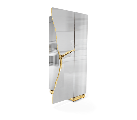 Walnut Brass Hidden Storage Display Cabinet Brass Accents