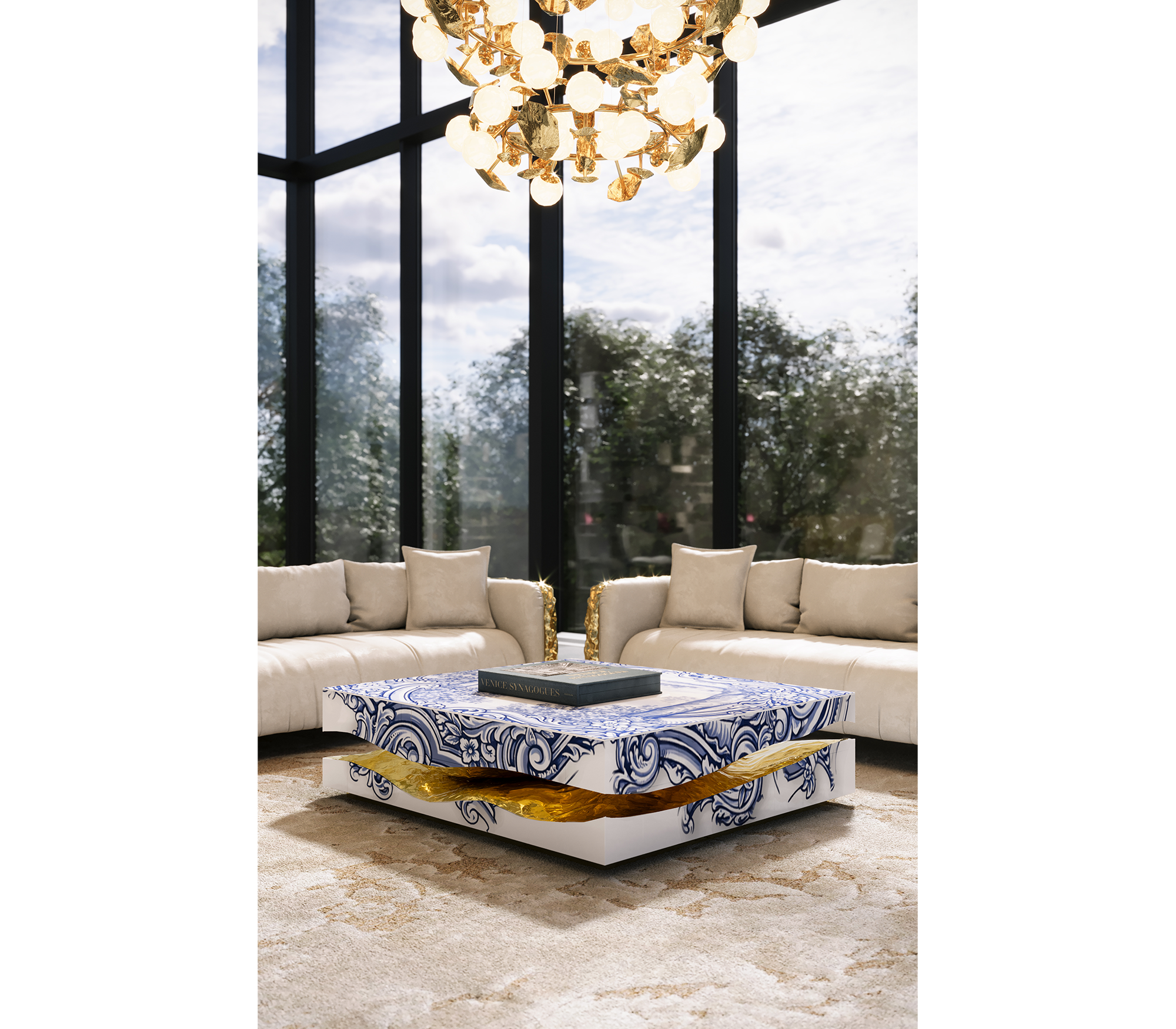 Brass Stone White Sculptural Form Coffee Table