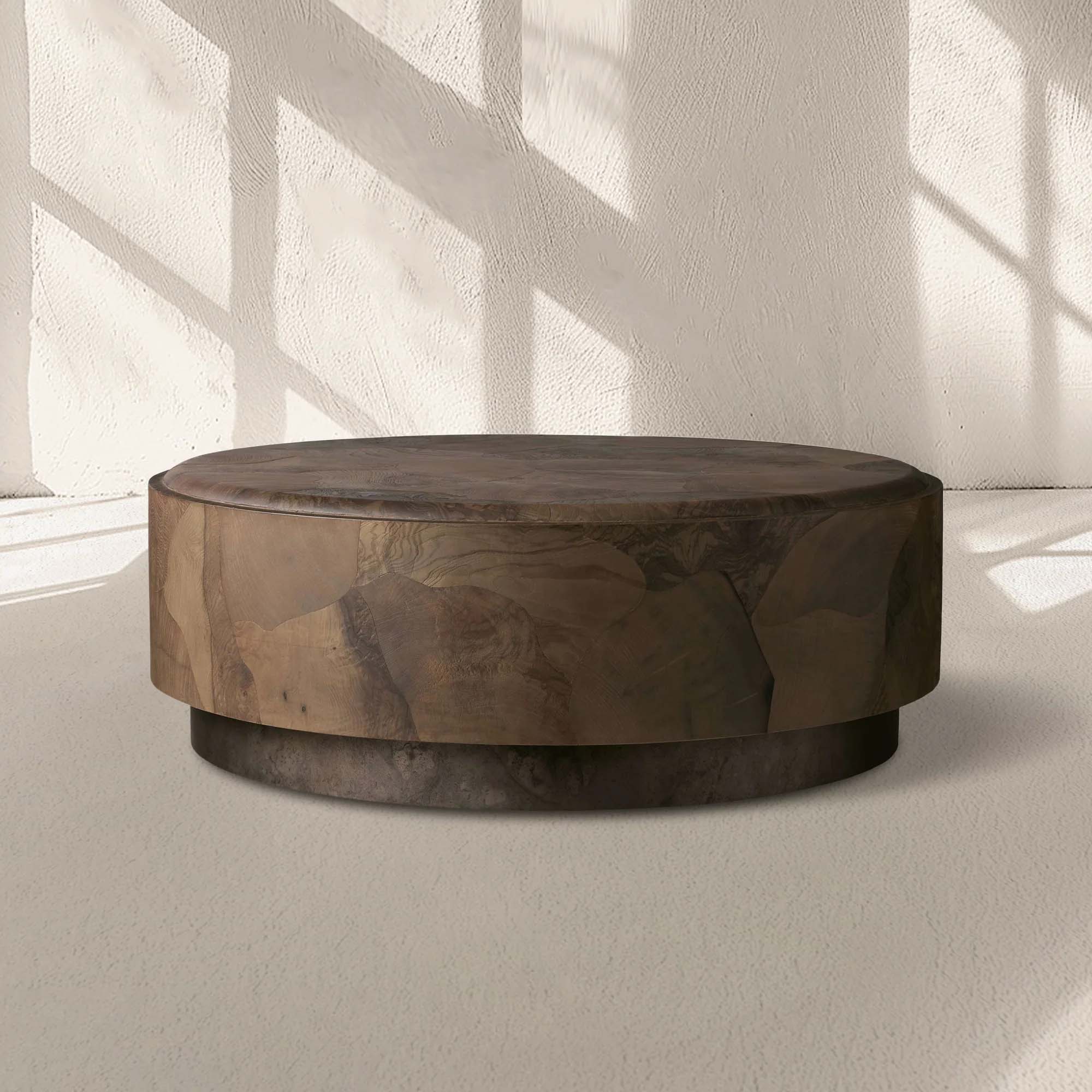 Polance Wood Round Plinth Coffee Table Wabi-Sabi Living Room Center Ash Tea Table