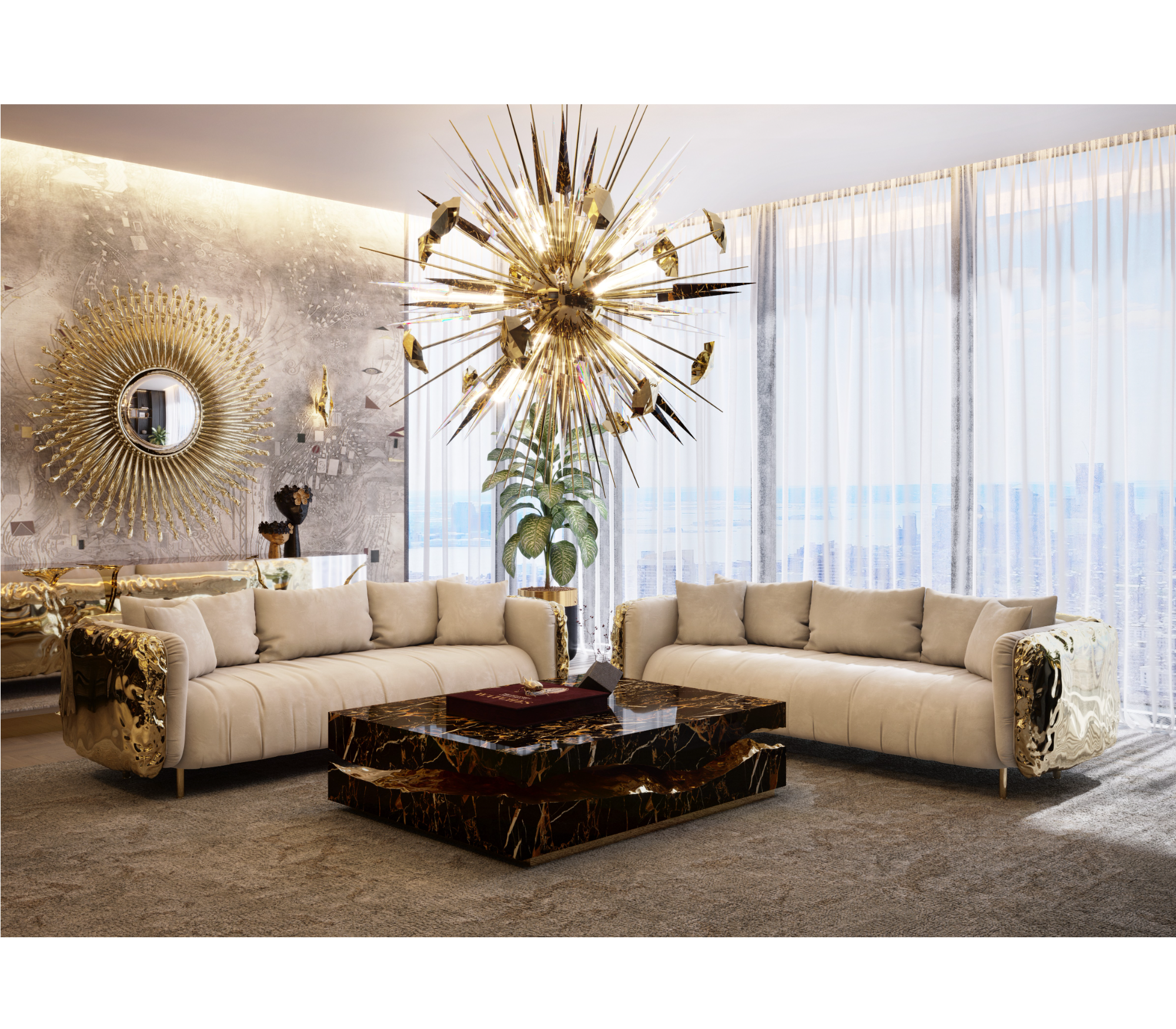 Brass Stone White Sculptural Form Coffee Table