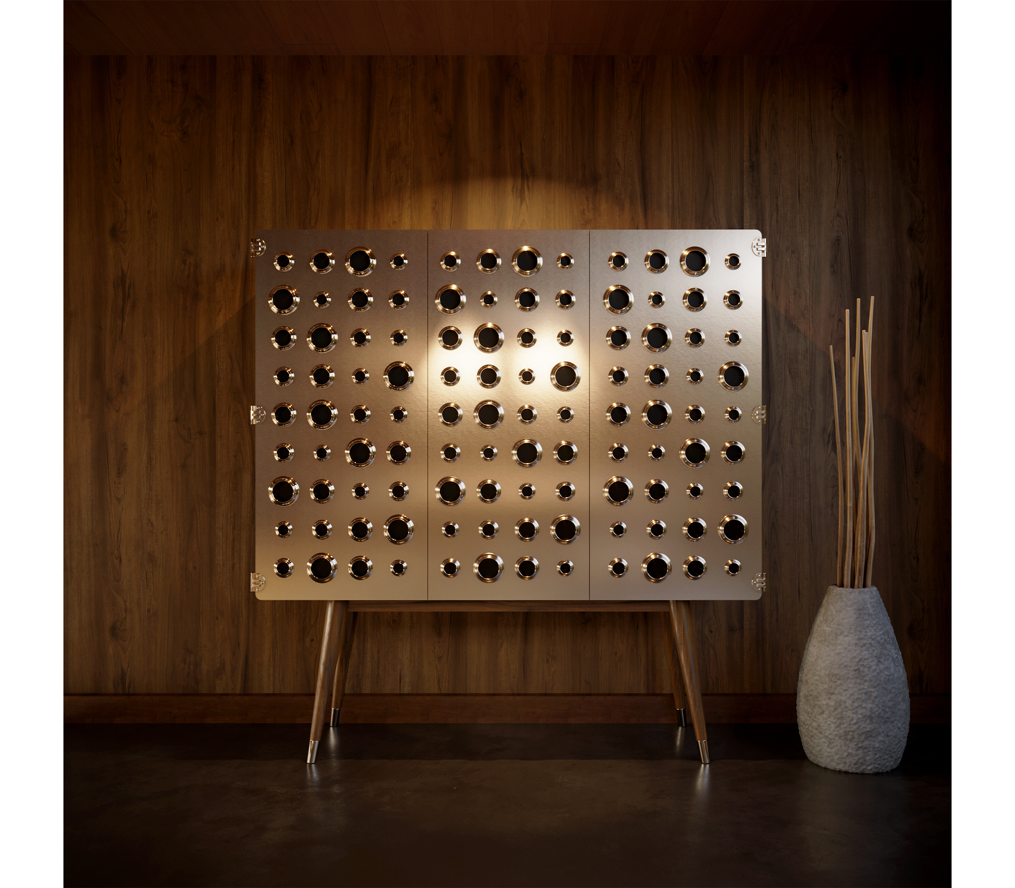 Walnut Bar Cabinet with Brass Accents and Hidden Storage