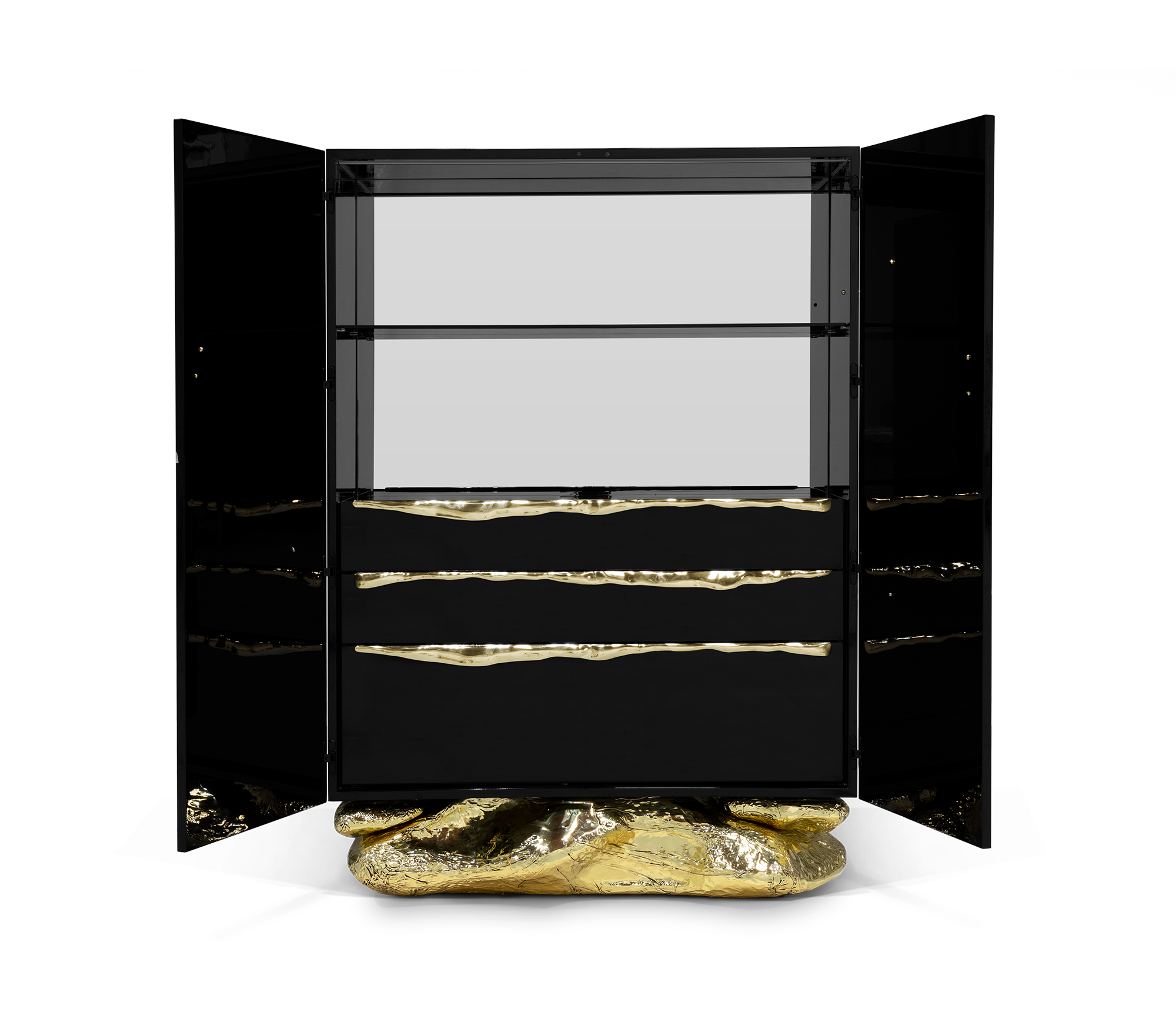 Brass Stone Black Sculptural Form Cabinet