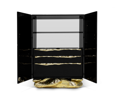 Brass Stone Black Sculptural Form Cabinet
