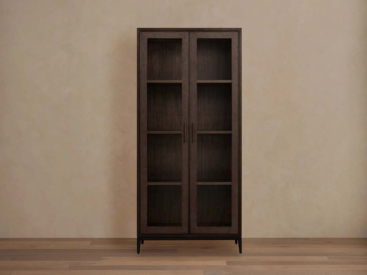 Malone Textured Leather Tall Display Cabinet with Minimalist Style Solid Wood Storage Cabinet with Glass Doors
